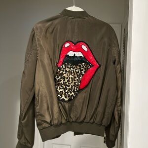 Handmade Bomber Jacket with Sequin Rolling Stones Appliqué